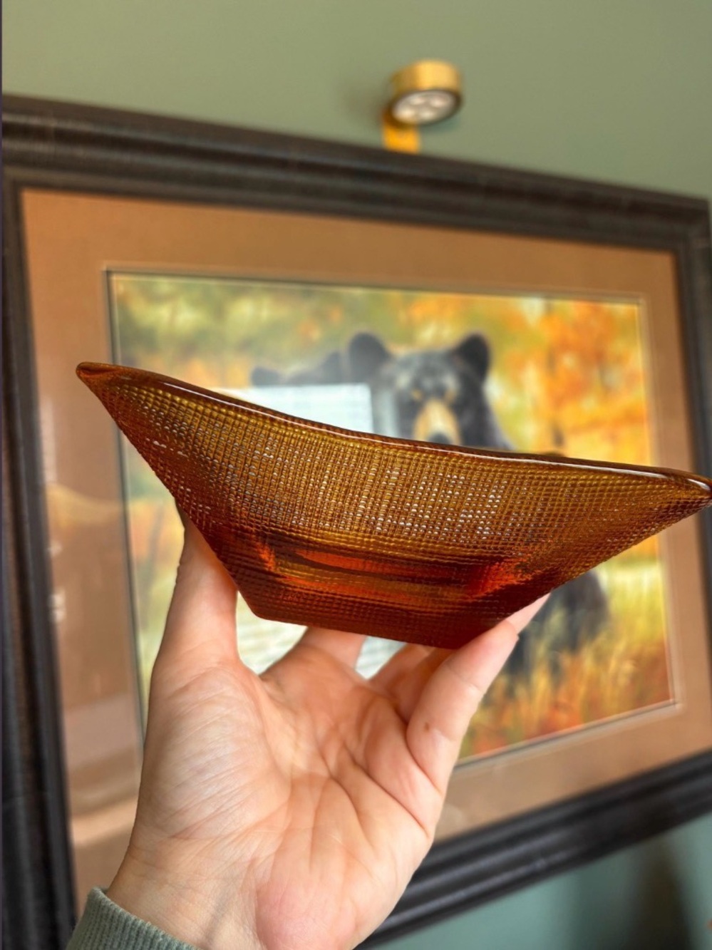 Vintage Amber Glass Catchall Bowl Mid Century Textured Trinket Dish